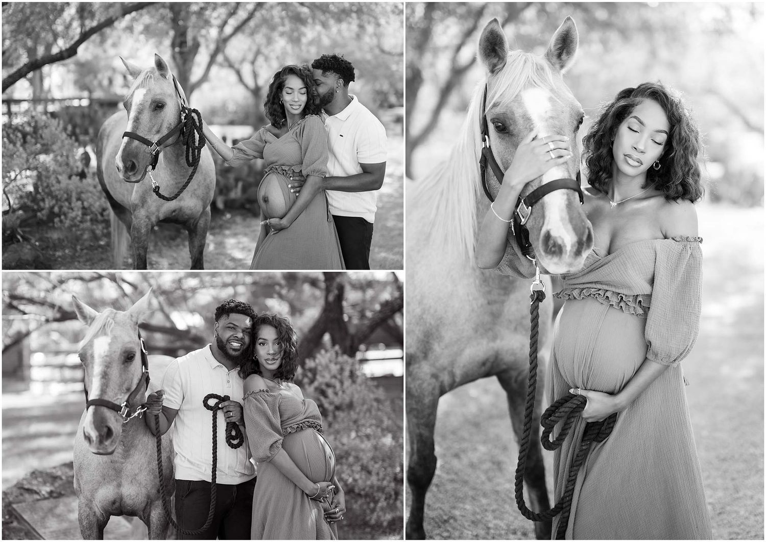 Black and white romantic portraits of a couple with their horse in a garden setting.