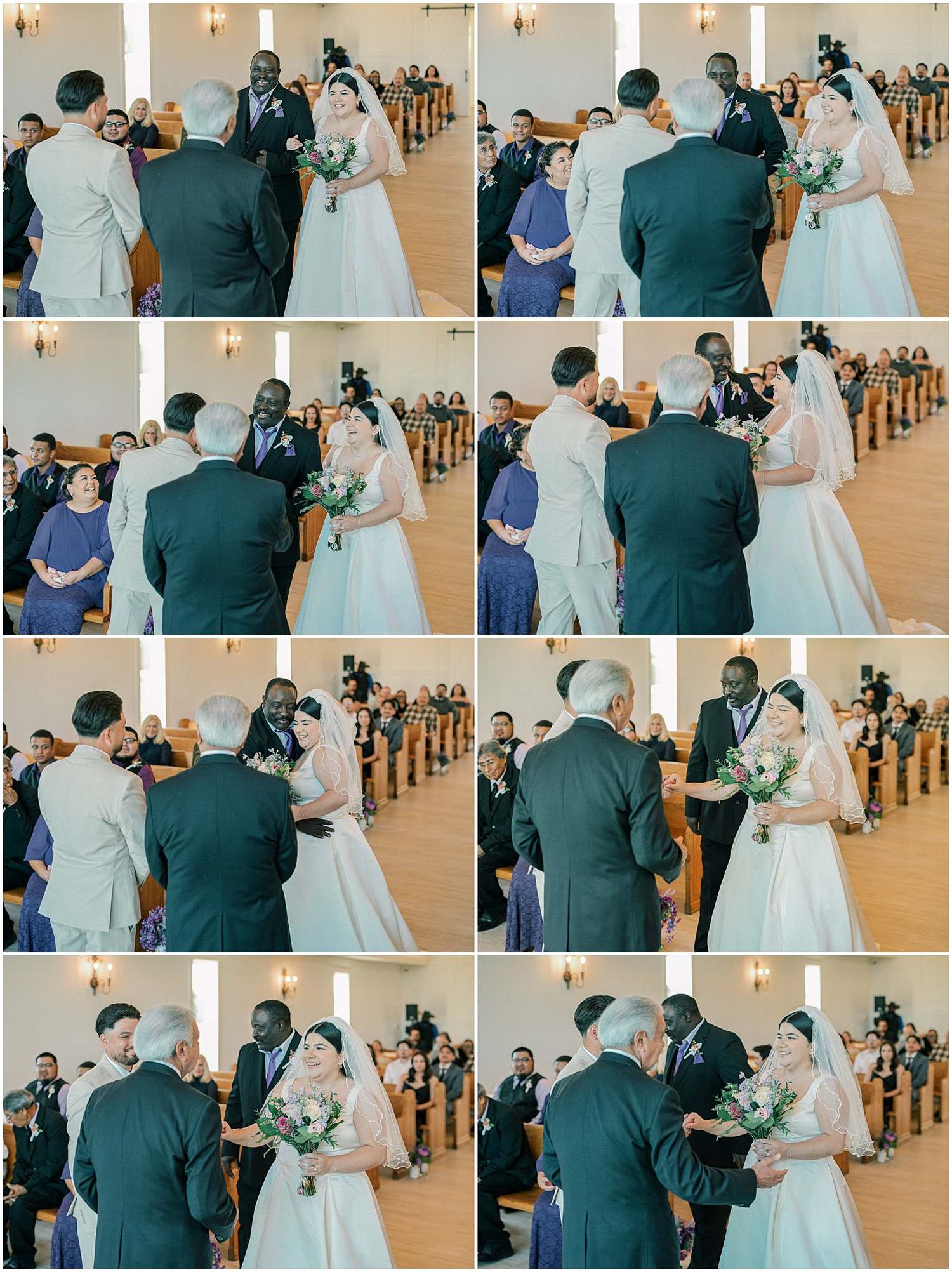 Wedding ceremony moments captured in bright church interior with wooden pews.