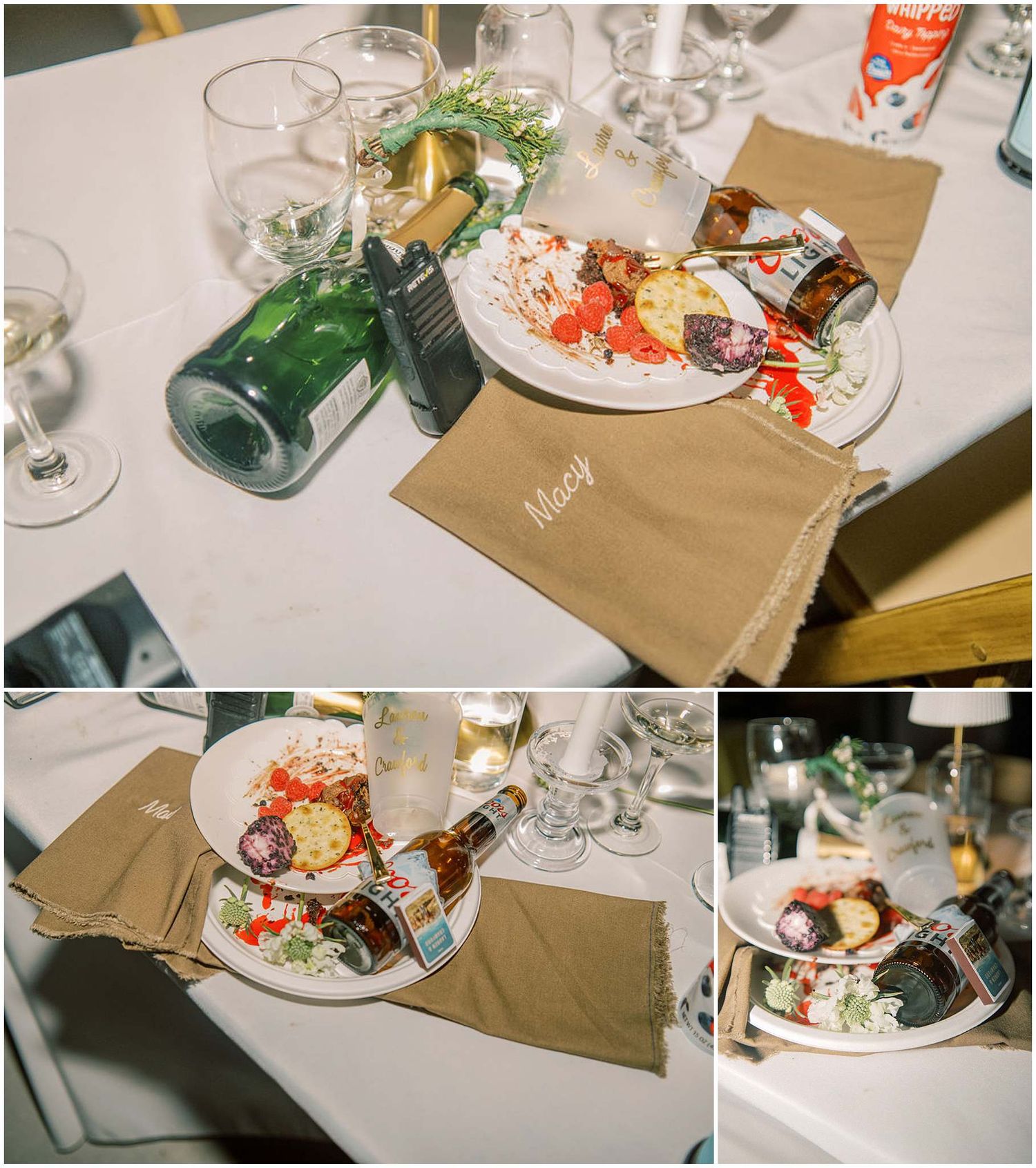 Wedding reception table settings with wine glasses, plates and brown paper place cards.