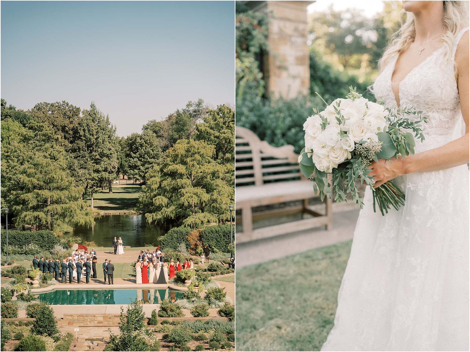 Beautiful outdoor wedding venue with lush gardens and white floral arrangements.