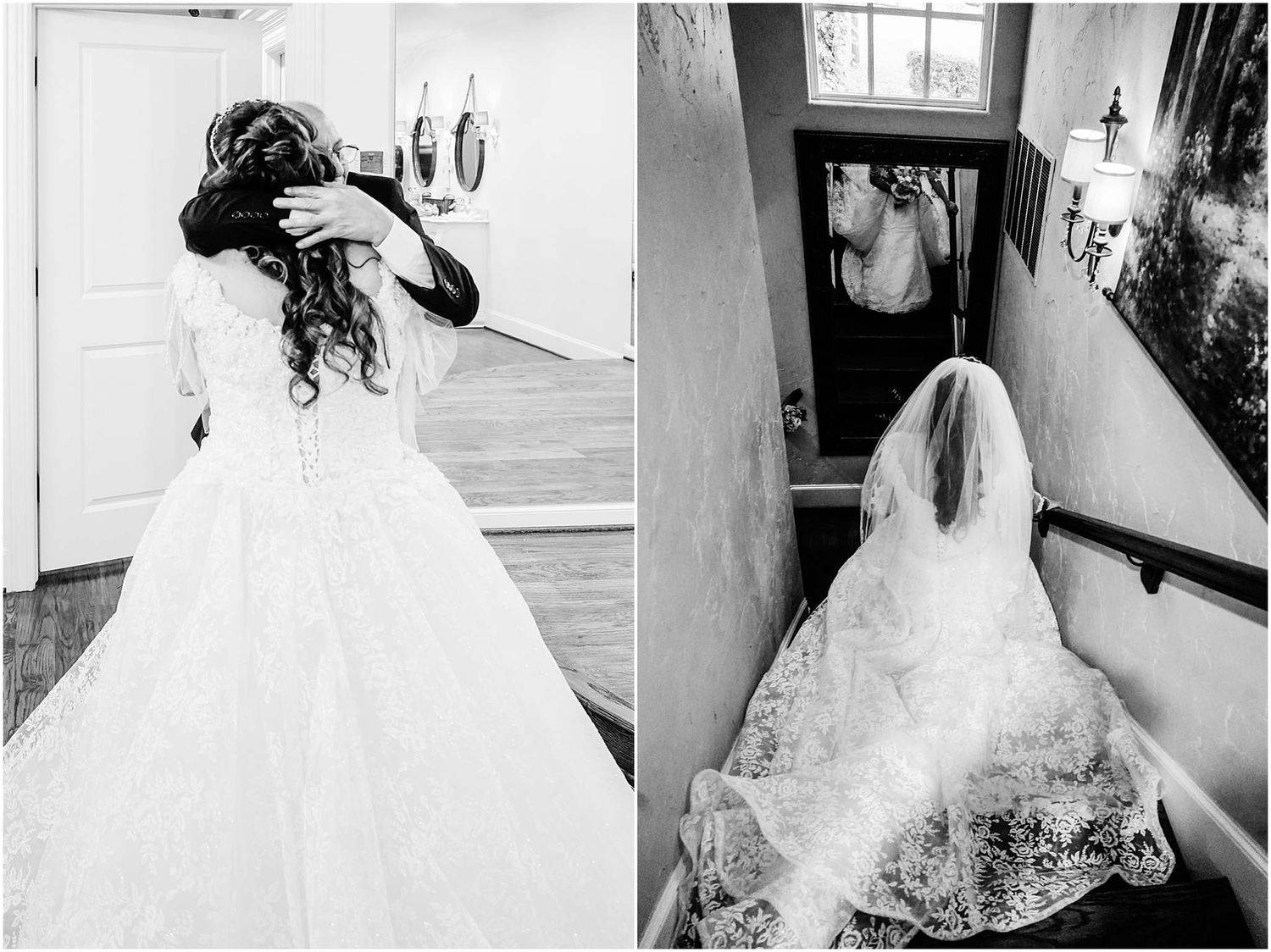 Black and white photo of a bride in a lace gown adjusting her hair, with a second image showing her veil on stairs.