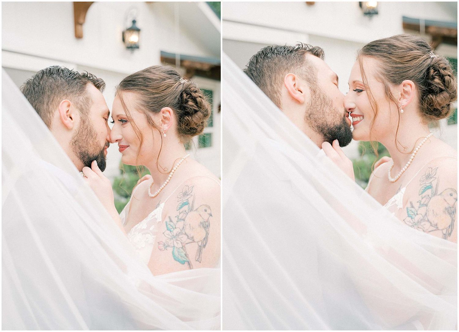 A romantic wedding photo series showing tender moments between a couple in soft natural lighting.