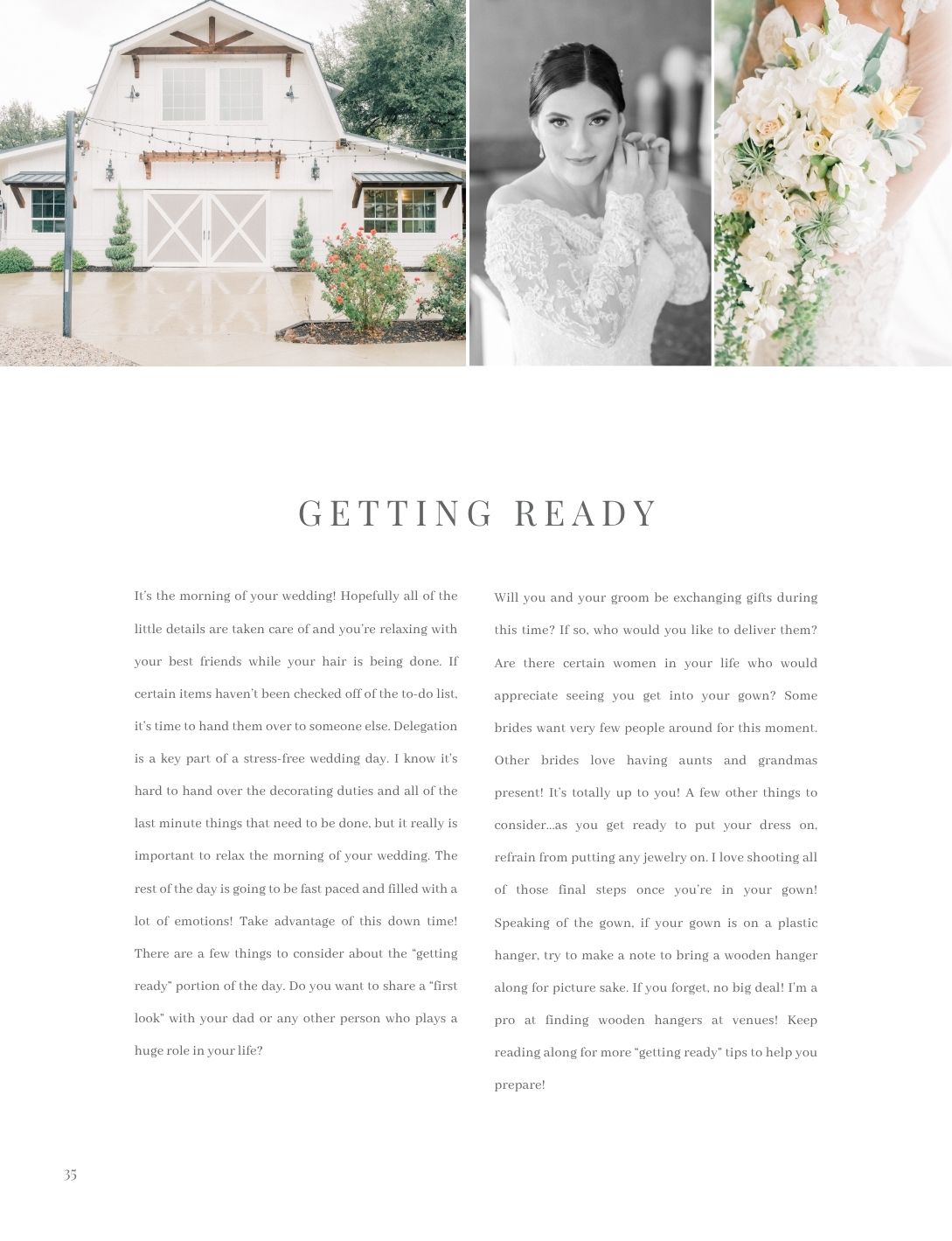 A wedding magazine layout titled Getting Ready featuring a bride in a white gown near a barn venue.
