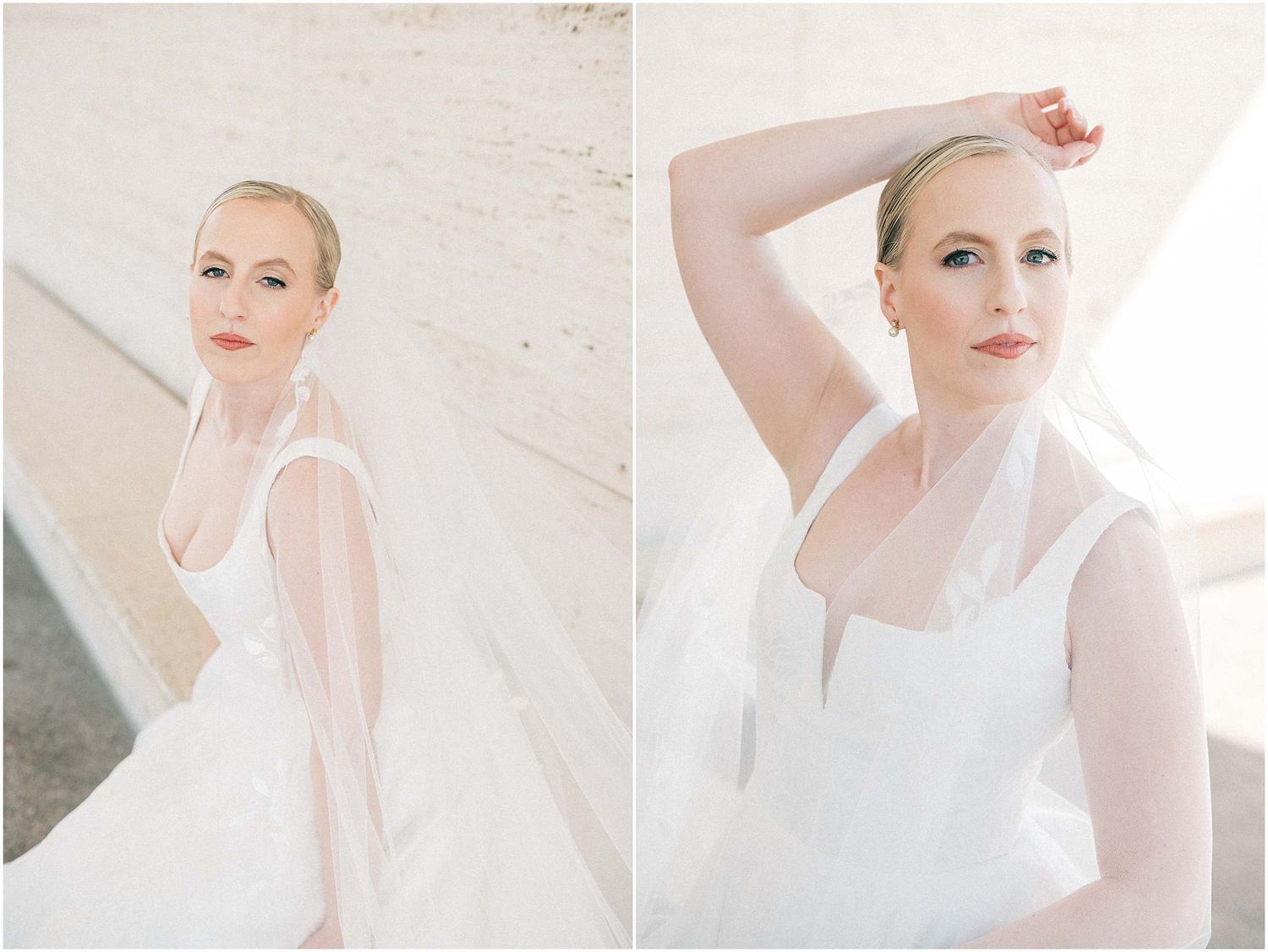 Light and airy bridal photography featuring graceful poses and classic white wedding dress details.