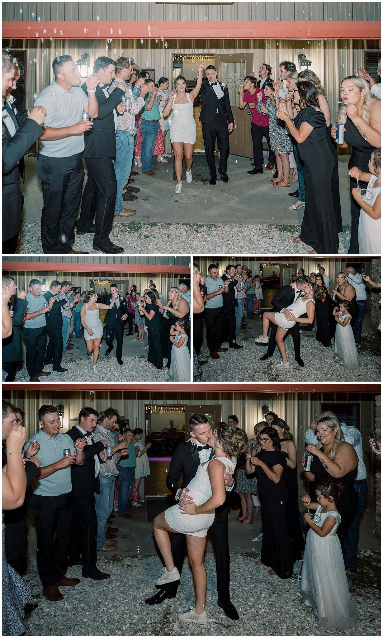 Guests dancing and celebrating at a lively wedding reception on a concrete floor.