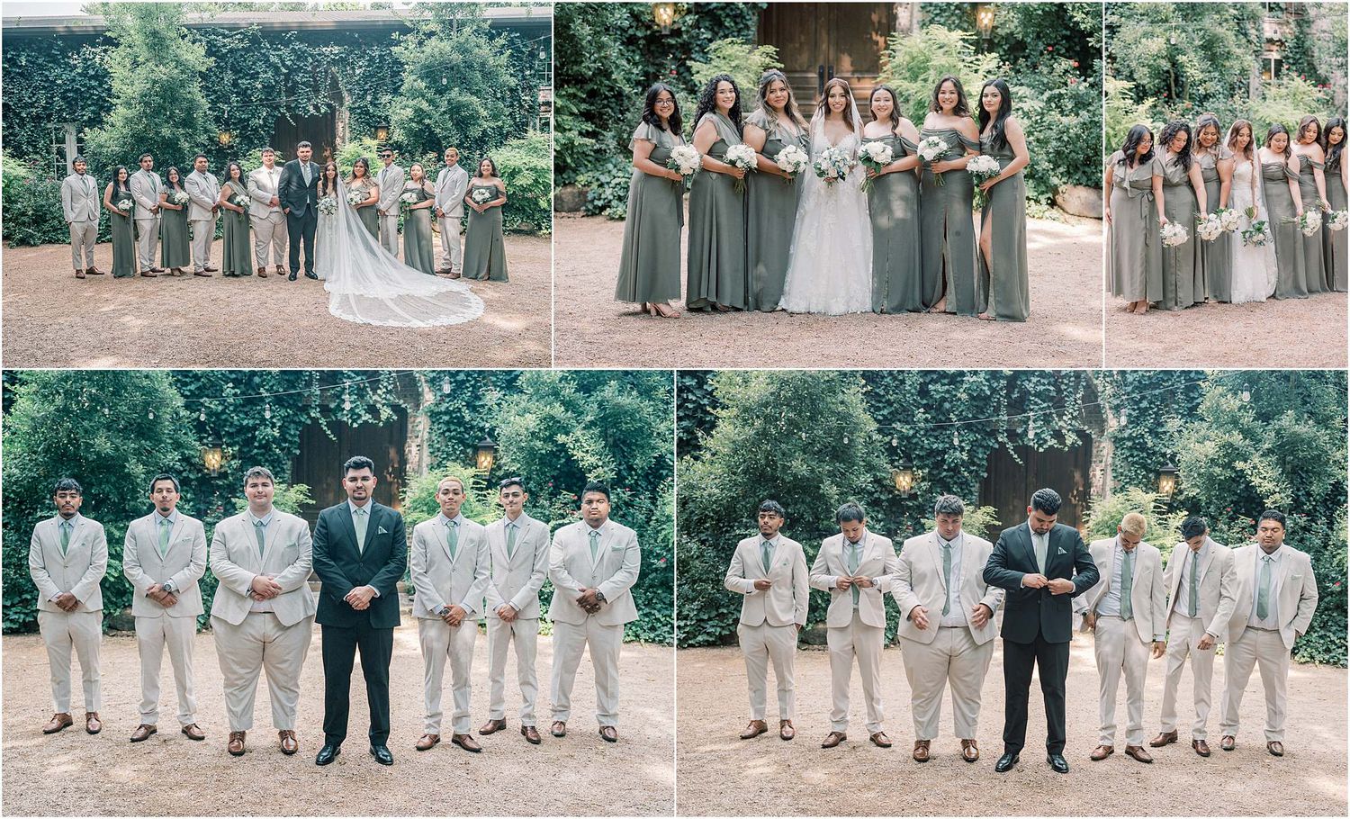 Wedding party group photos with bridesmaids in sage green dresses and groomsmen in light suits.
