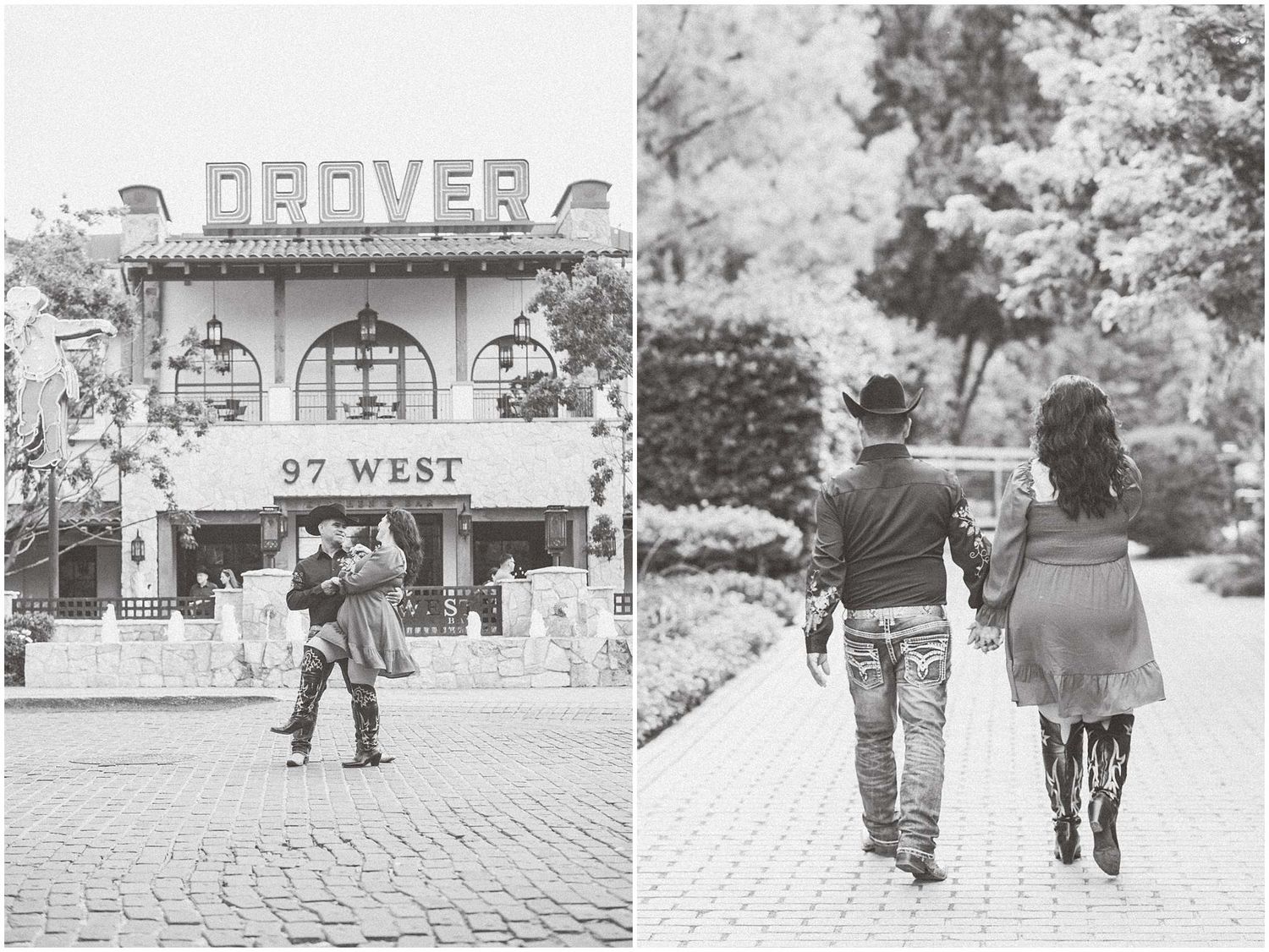 Black and white photos of a couple walking near a western-style building.