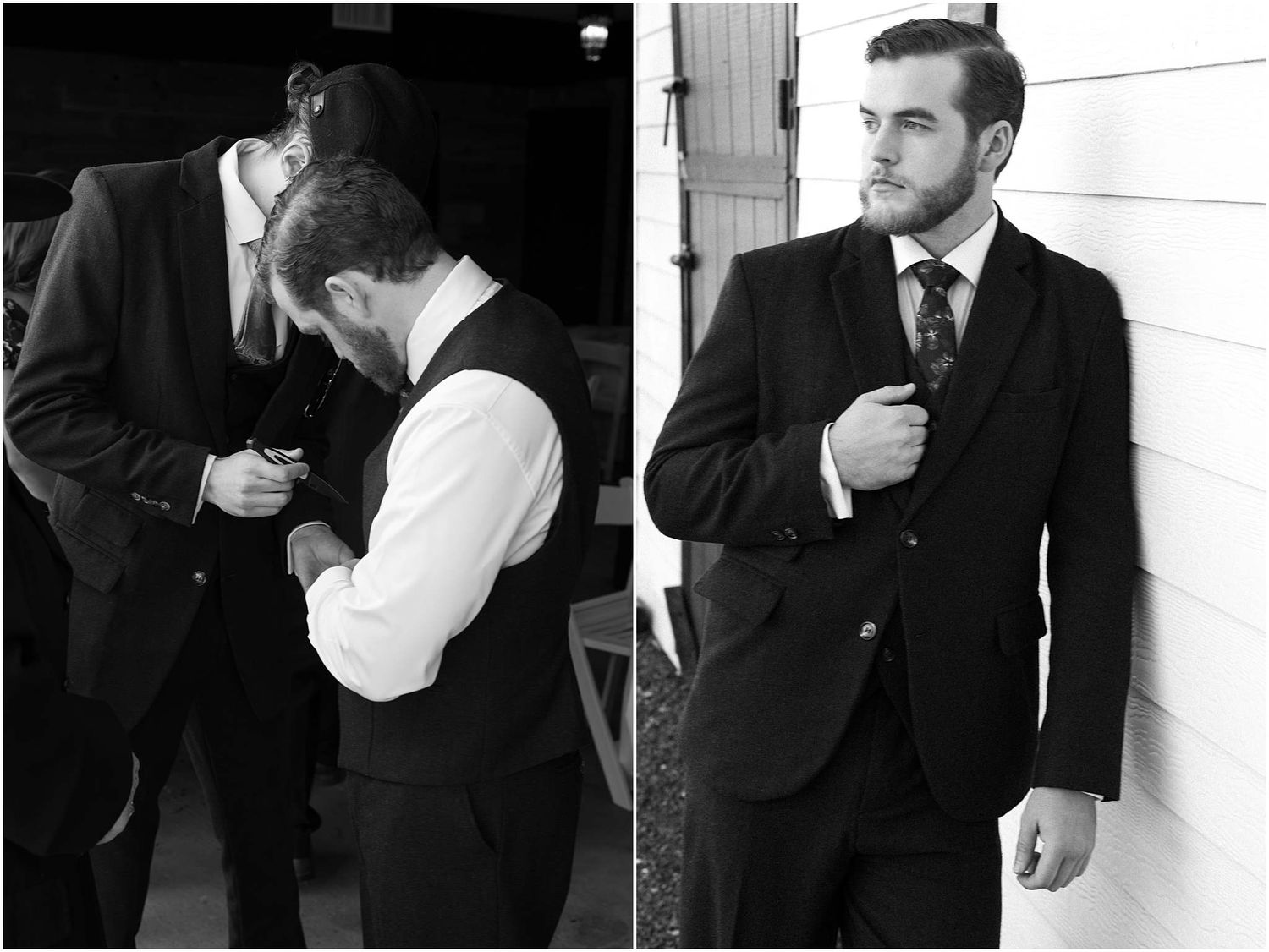 Black and white series of candid groomsmen moments against a light colored wall.