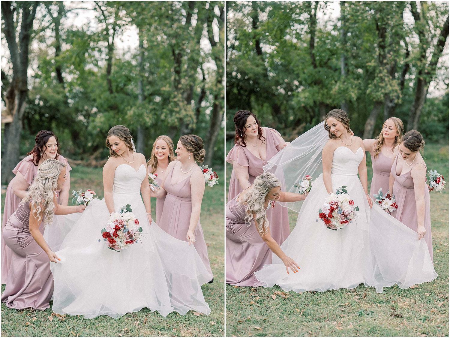 Bridesmaids in dusty rose dresses pose together on grassy lawn.