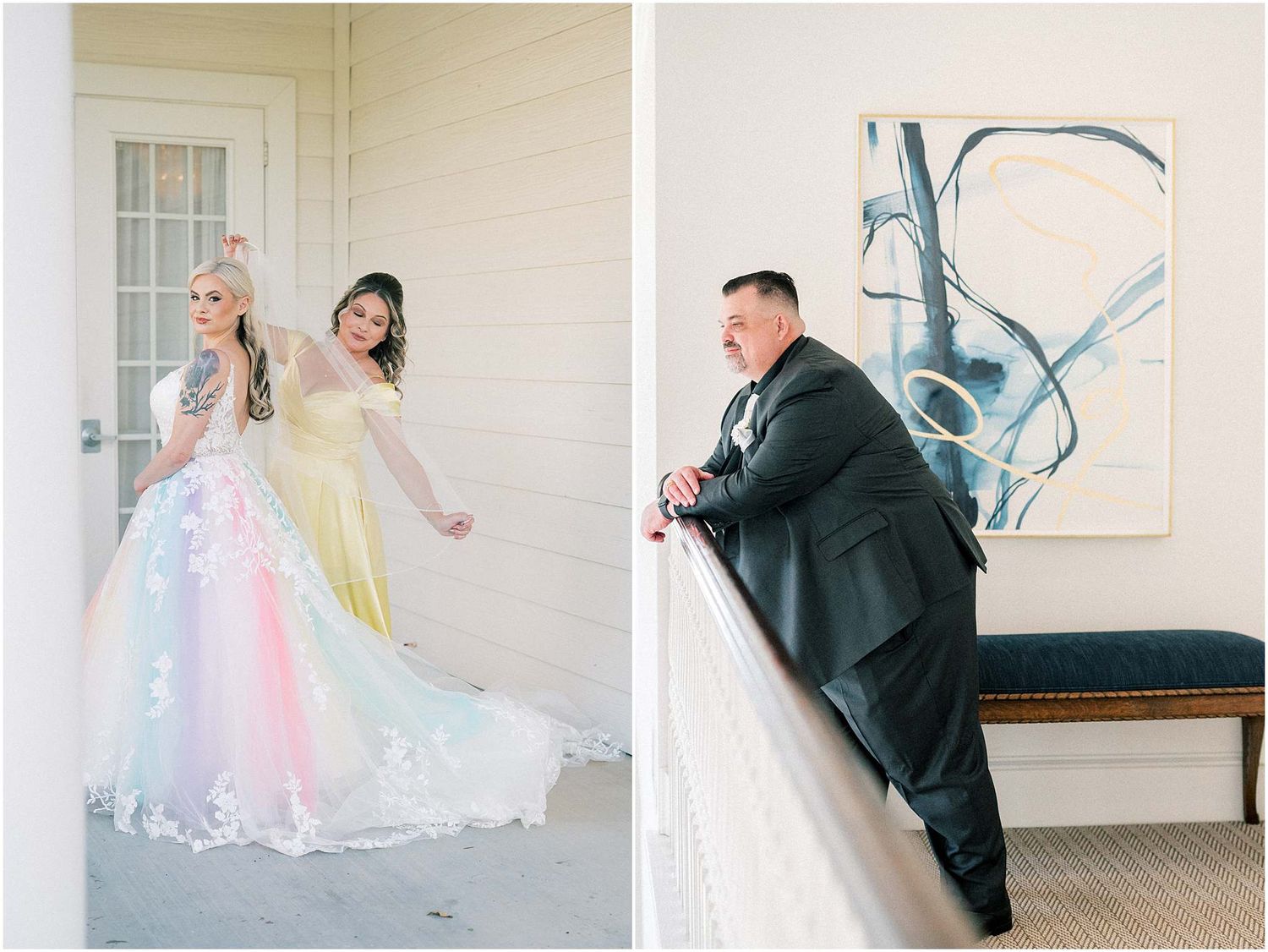 Candid wedding moments captured in a bright indoor setting with white walls and natural light.
