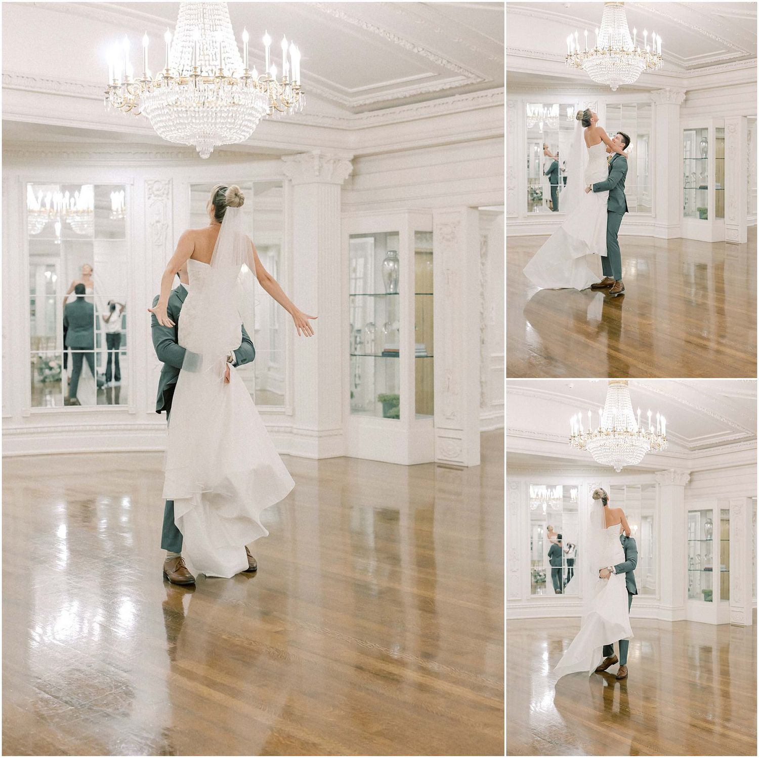 Dancing couple in a bright ballroom with hardwood floors and crystal chandeliers.
