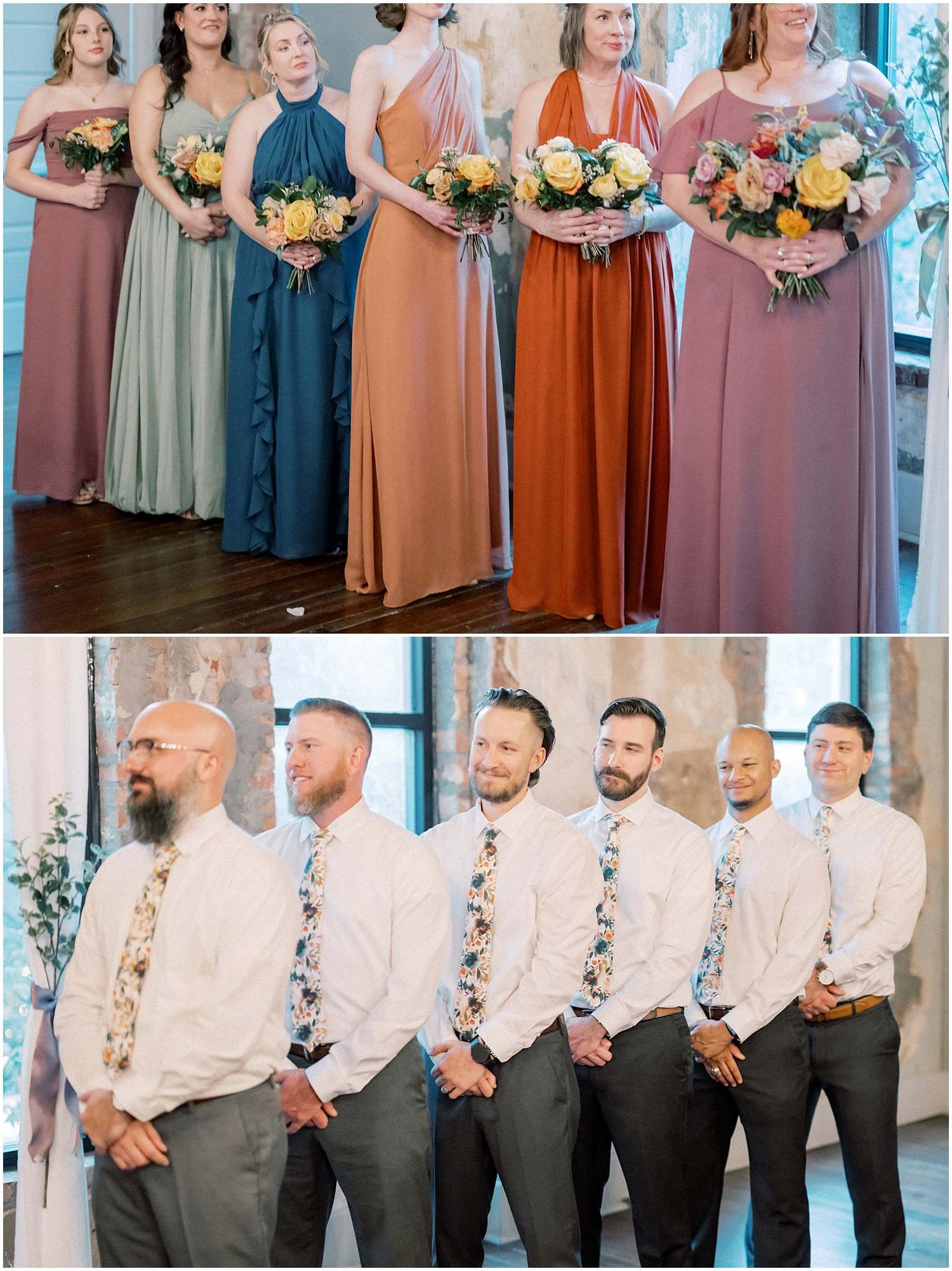 Wedding party in coordinated attire with bridesmaids in earth-toned dresses and groomsmen in light shirts.
