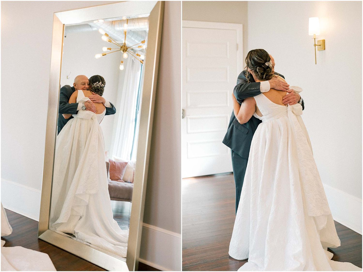 Wedding first look sequence captured in a bright room with a large mirror.
