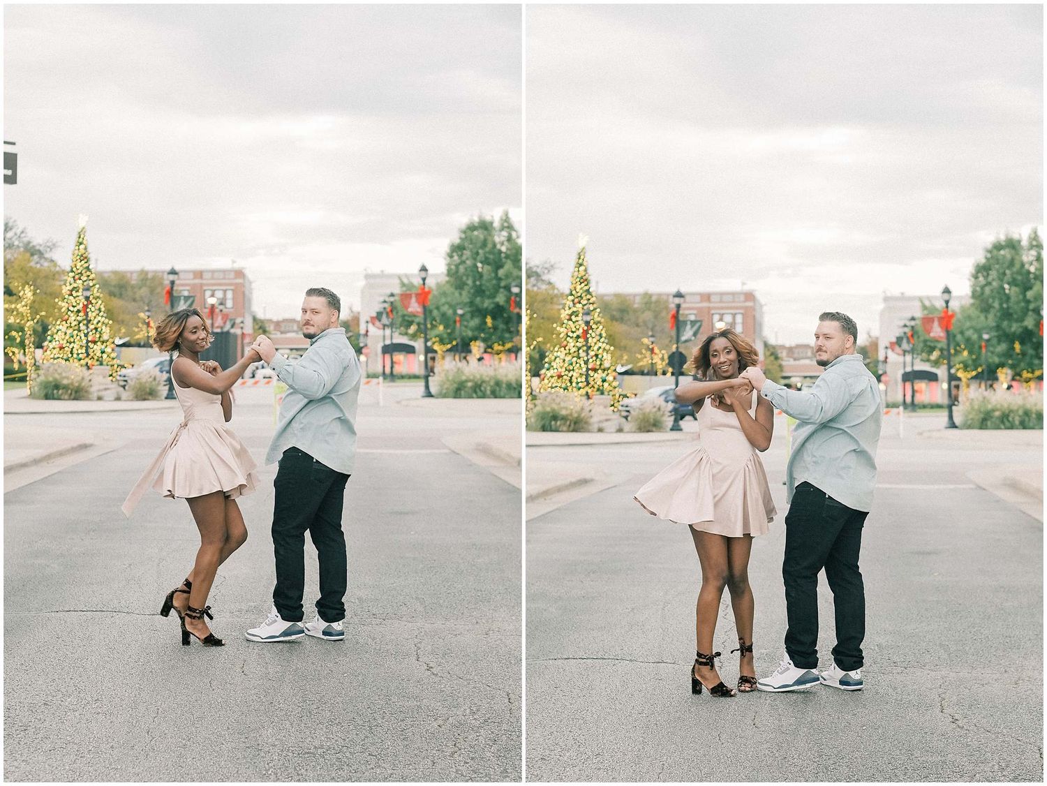 A couple dances playfully together in a series of outdoor photos showing spinning and dipping movements.