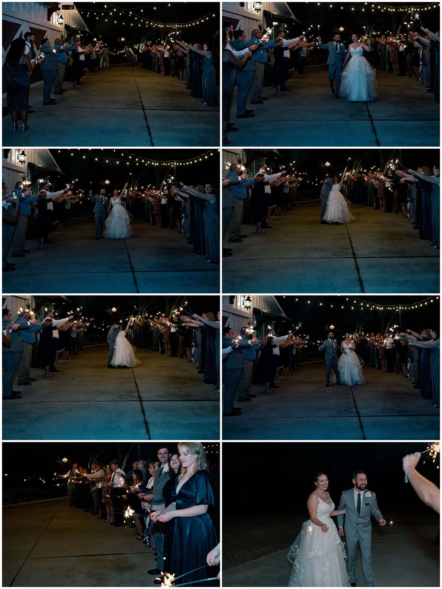 A romantic first dance takes place under twinkling string lights at an evening wedding reception.