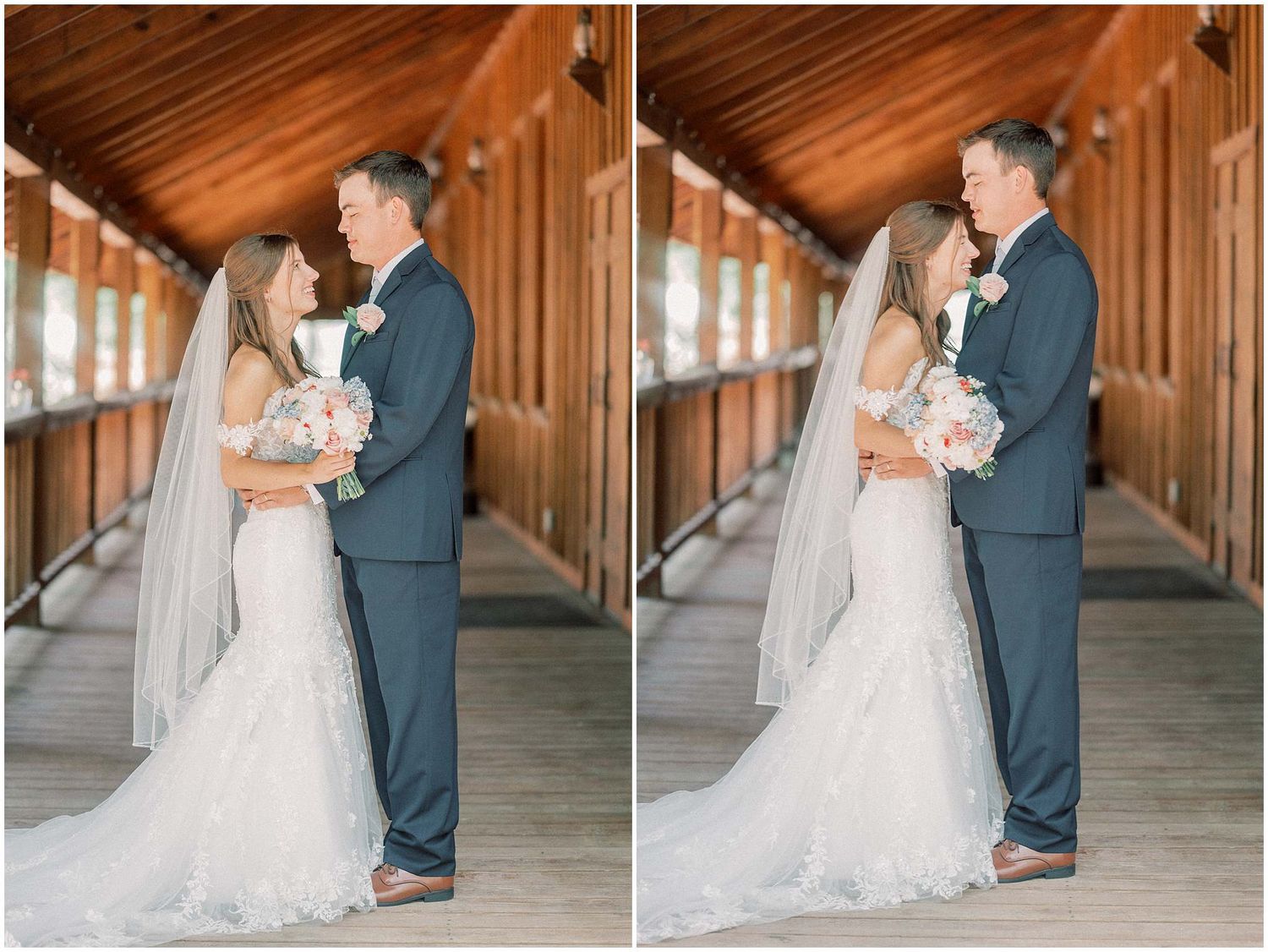 A romantic wedding couple shares their first dance in a rustic wooden barn venue.