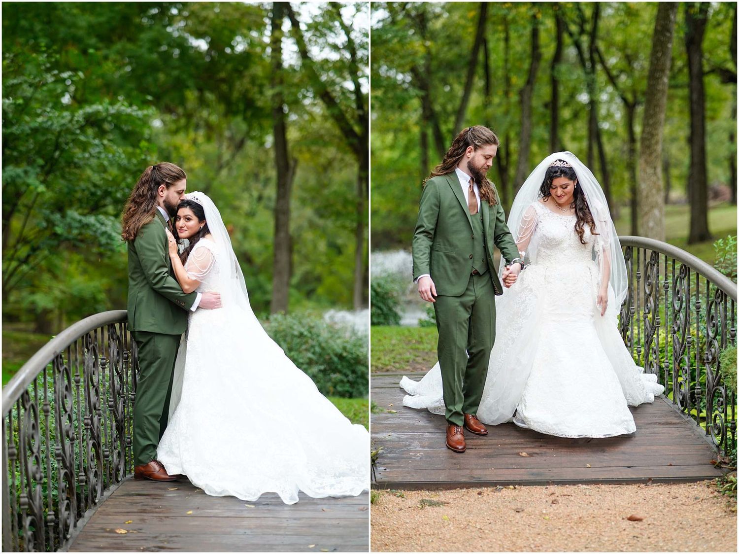 Bride and groom pose romantically on a wooden bridge surrounded by lush green trees on their wedding day.