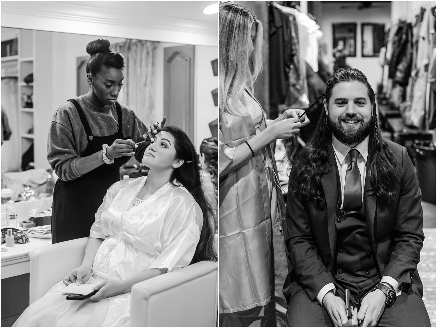 Black and white wedding prep photos showing bride getting hair done and groom smiling in suit.