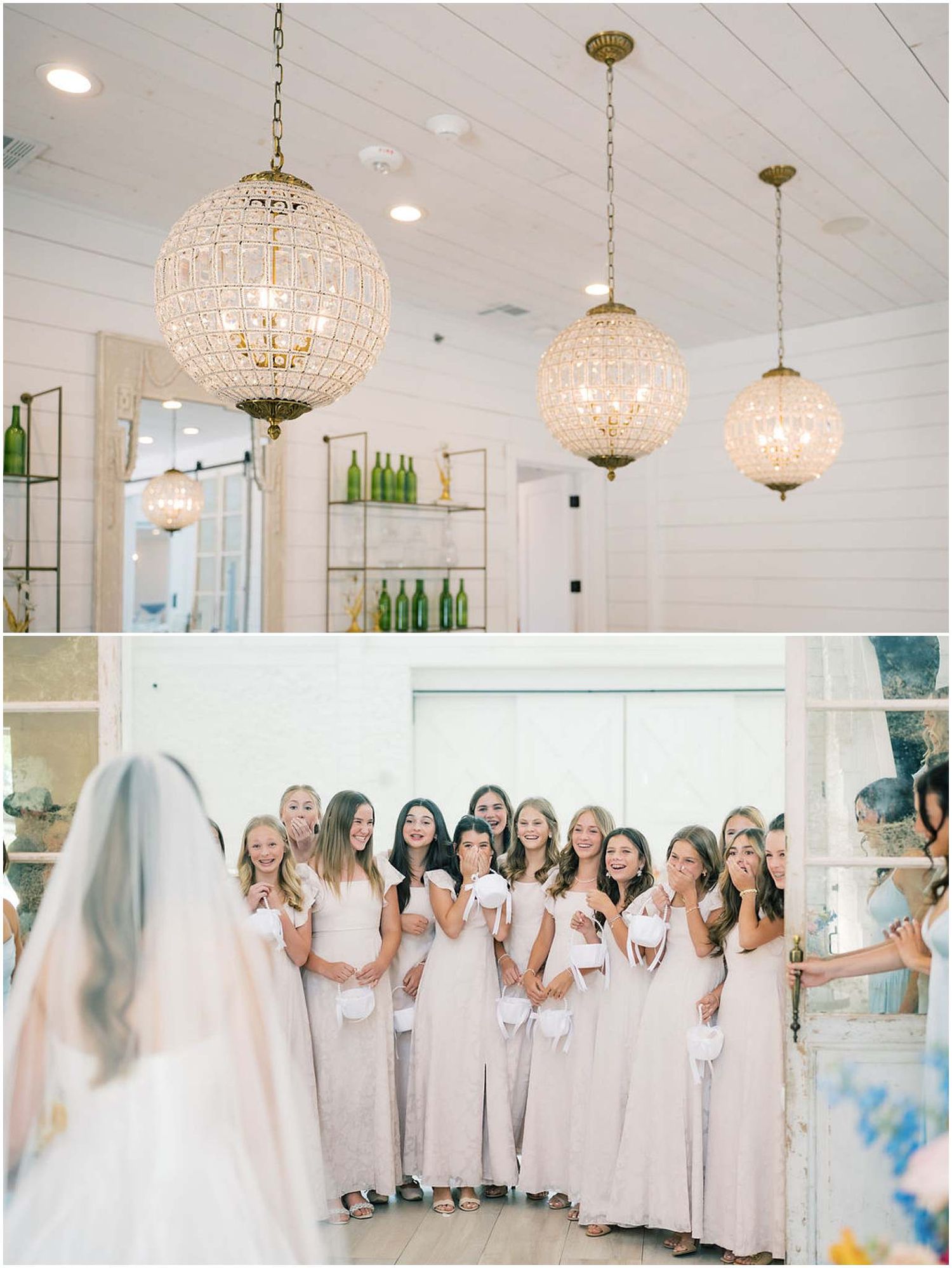 Elegant wedding venue with crystal globe chandeliers and bridesmaids in blush gowns reacting to bride reveal.
