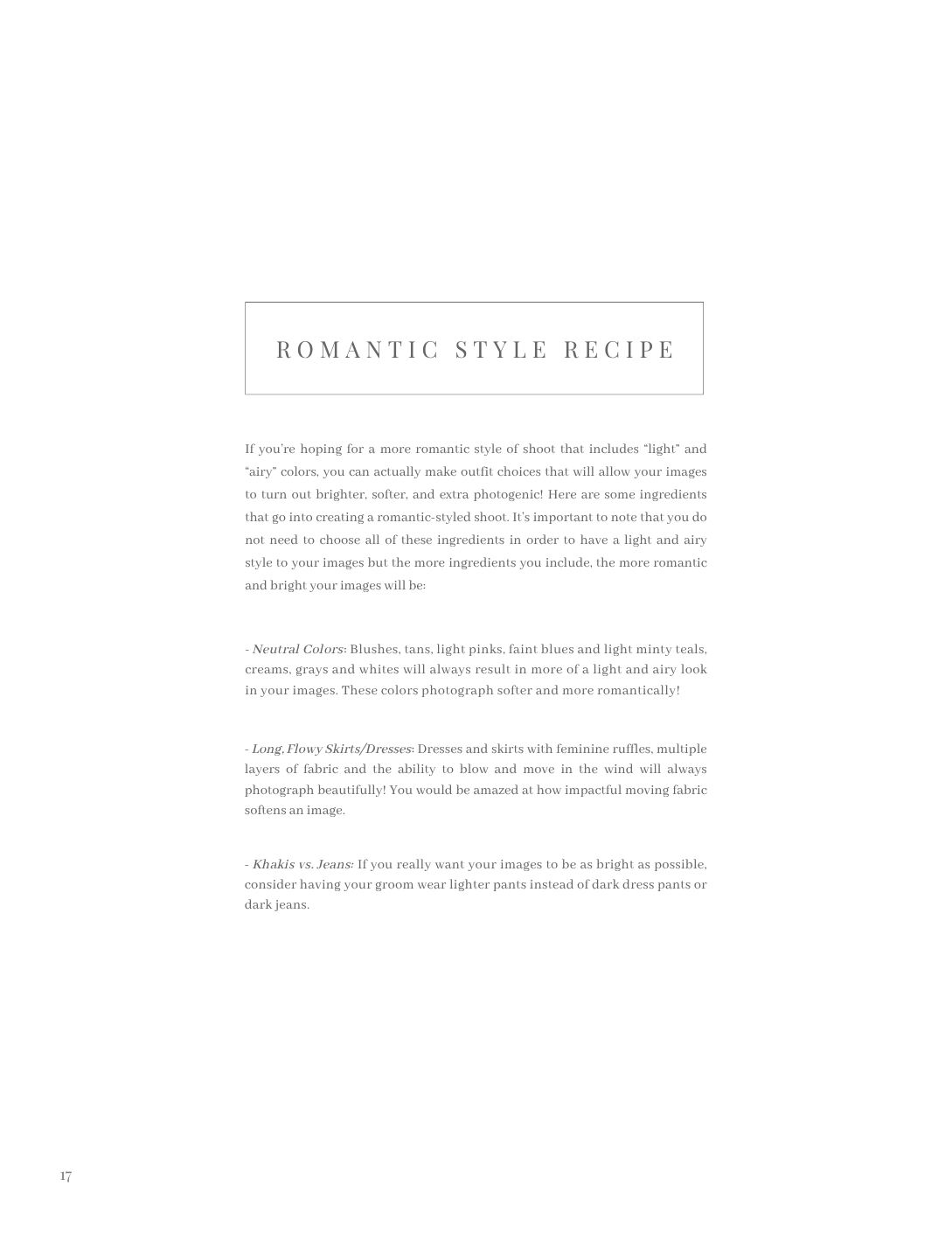 A romantic style recipe guide page with tips for achieving light and airy wedding photography.