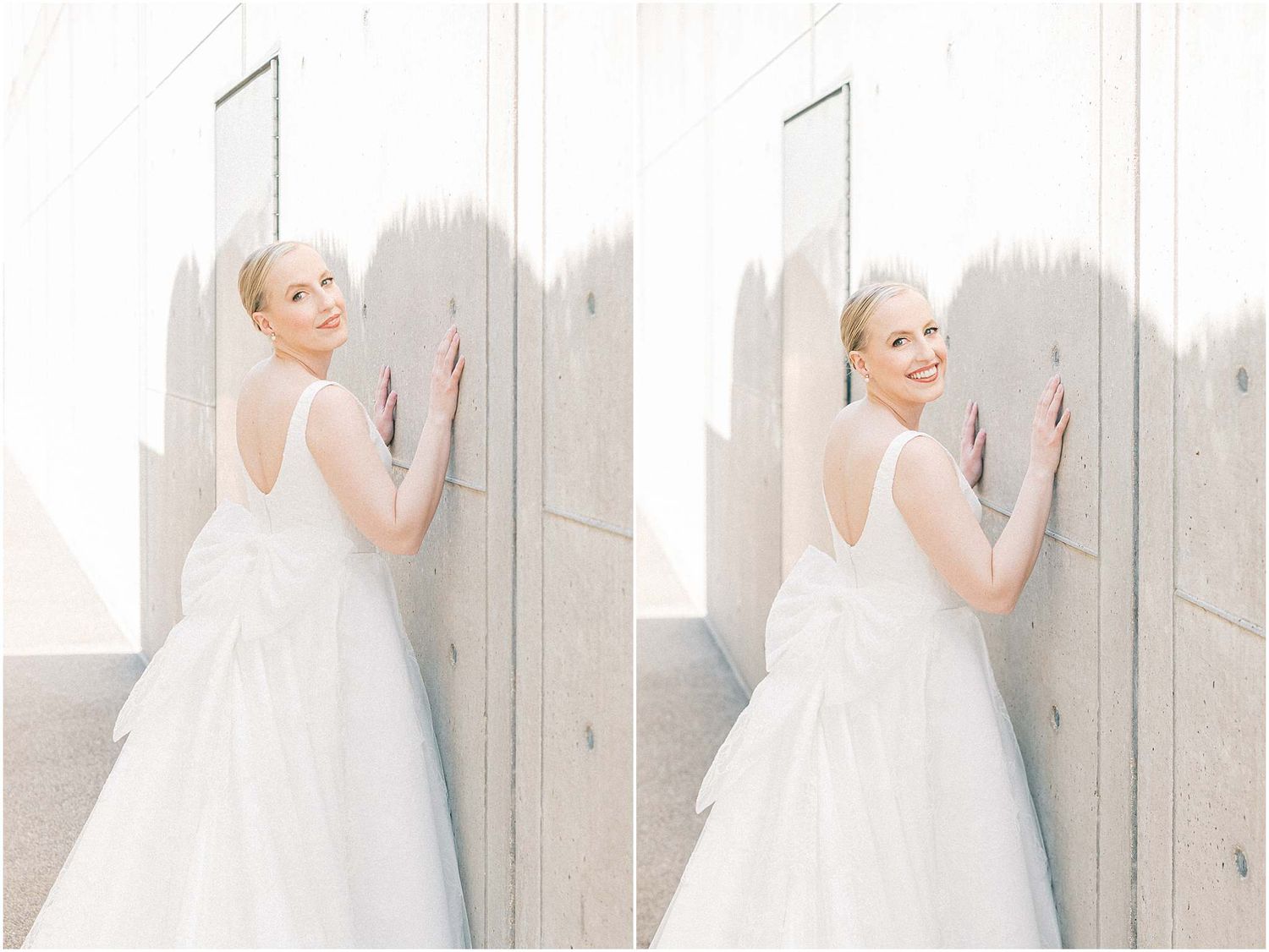 Side by side bridal portraits showing joyful poses against a light colored wall.