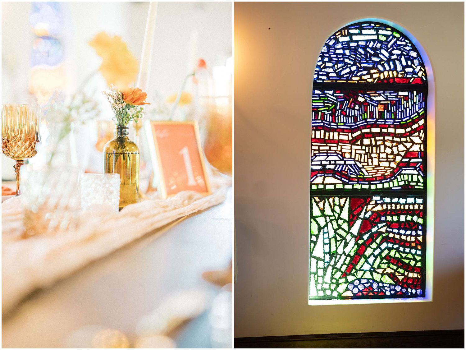 Colorful stained glass windows in a church creating beautiful light patterns.