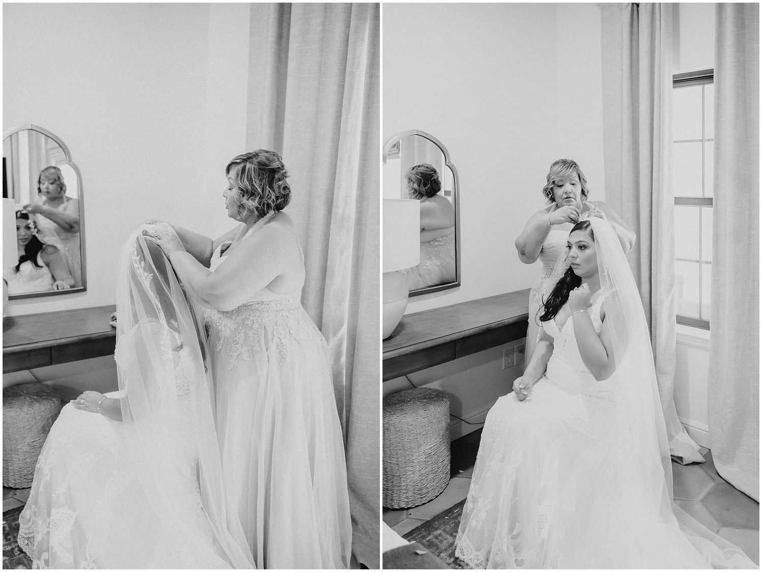 Black and white photographs showing wedding dress preparation in front of mirrors.