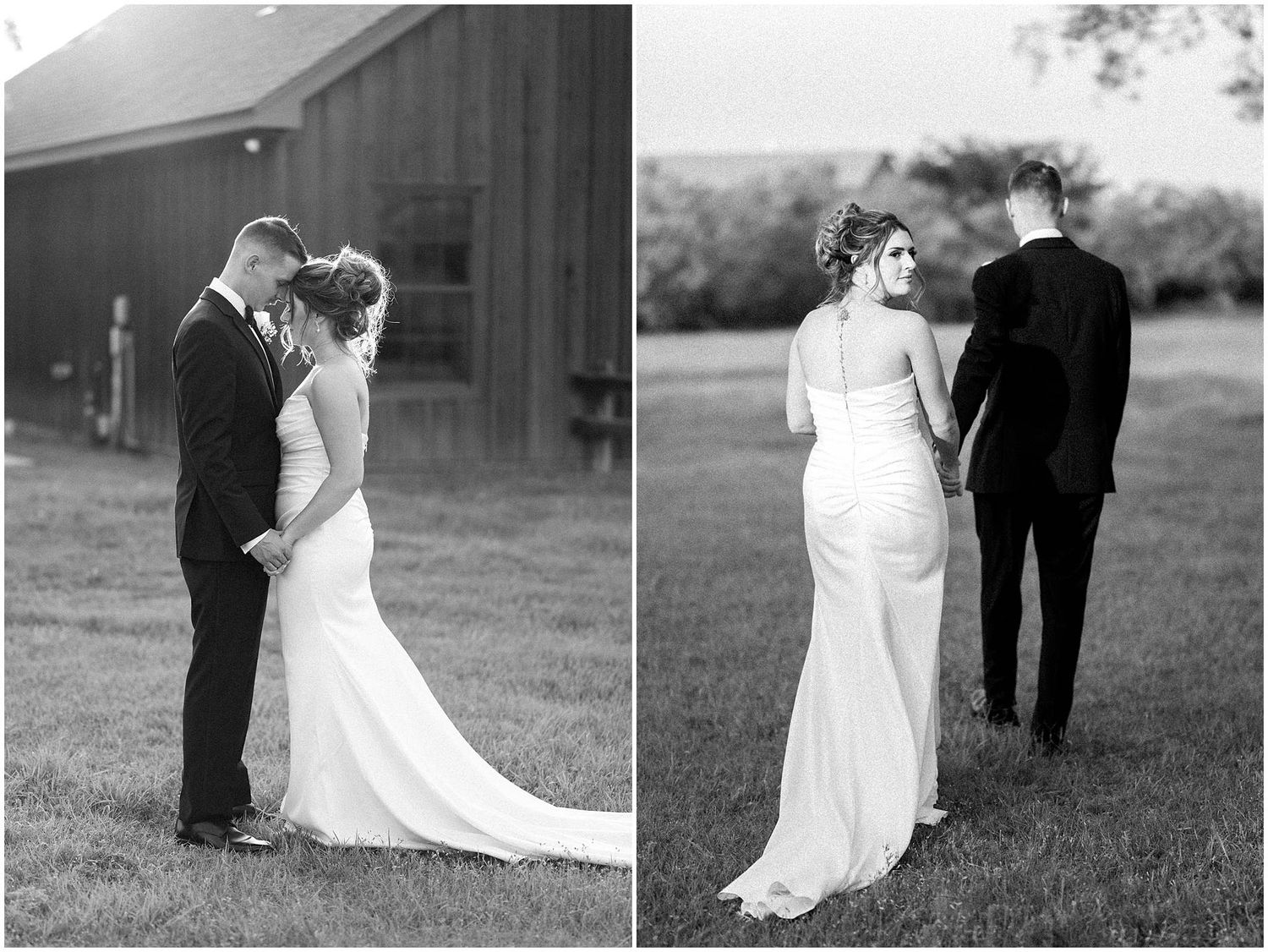 Black and white wedding photo sequence showing a romantic first look moment in an outdoor setting.