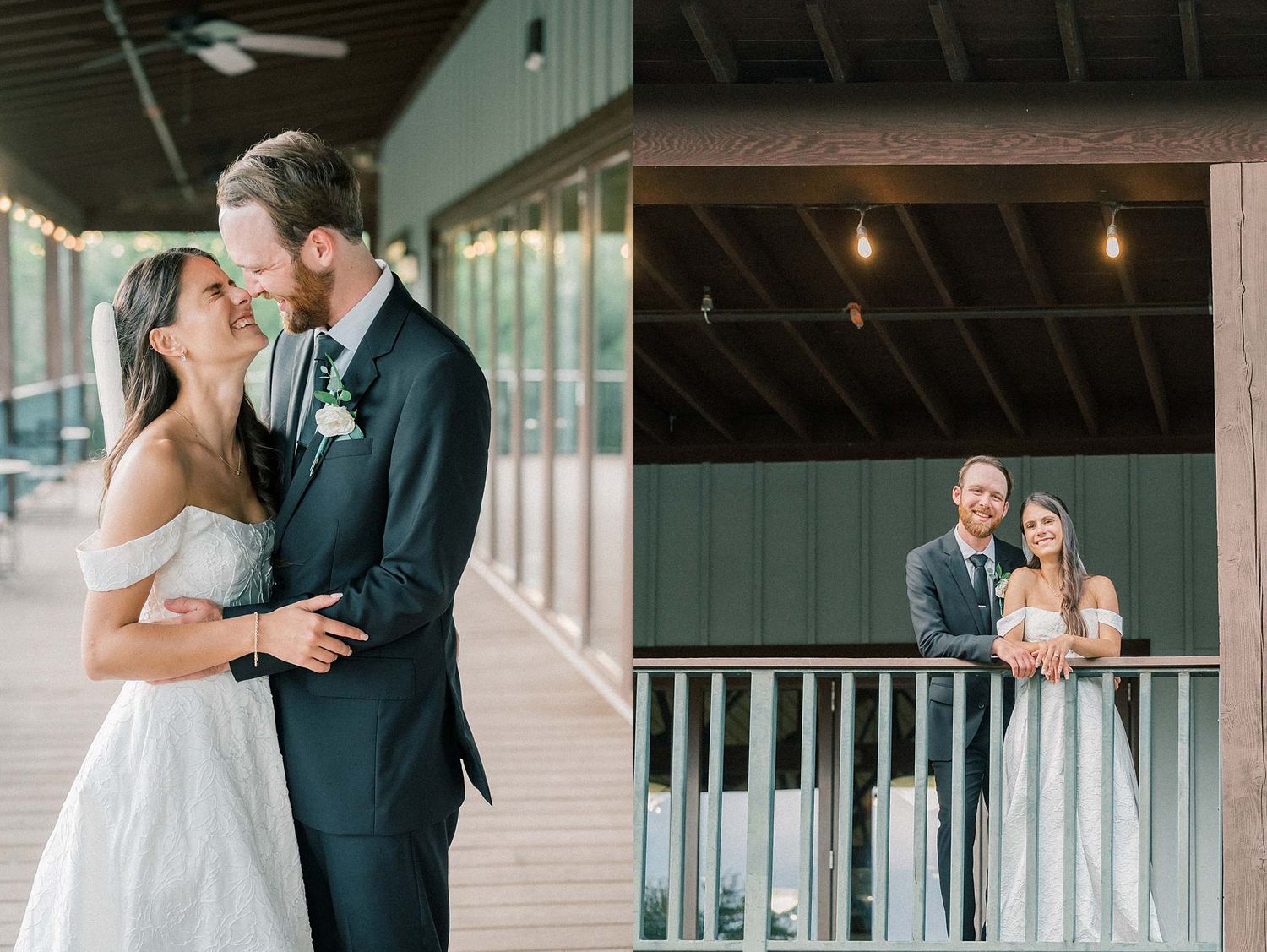 Elegant wedding portraits captured under a covered porch with string lights and wooden beams.