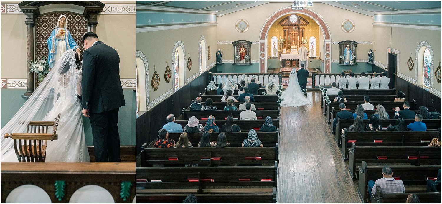 Cathedral wedding ceremony venue with wooden pews and vaulted ceilings illuminated by natural light.