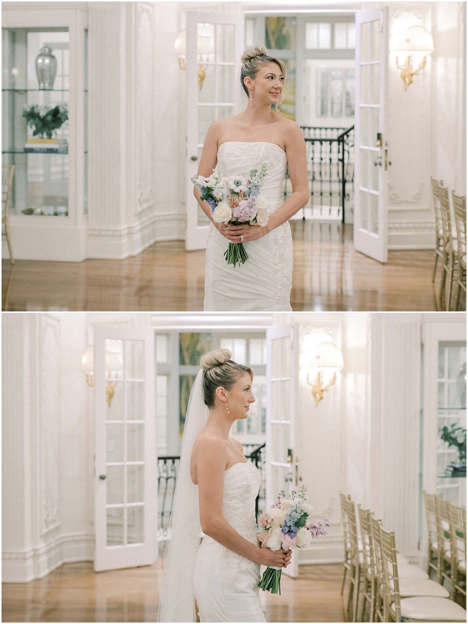 Elegant bridal portraits in a bright white ballroom with crystal chandeliers and ornate details.