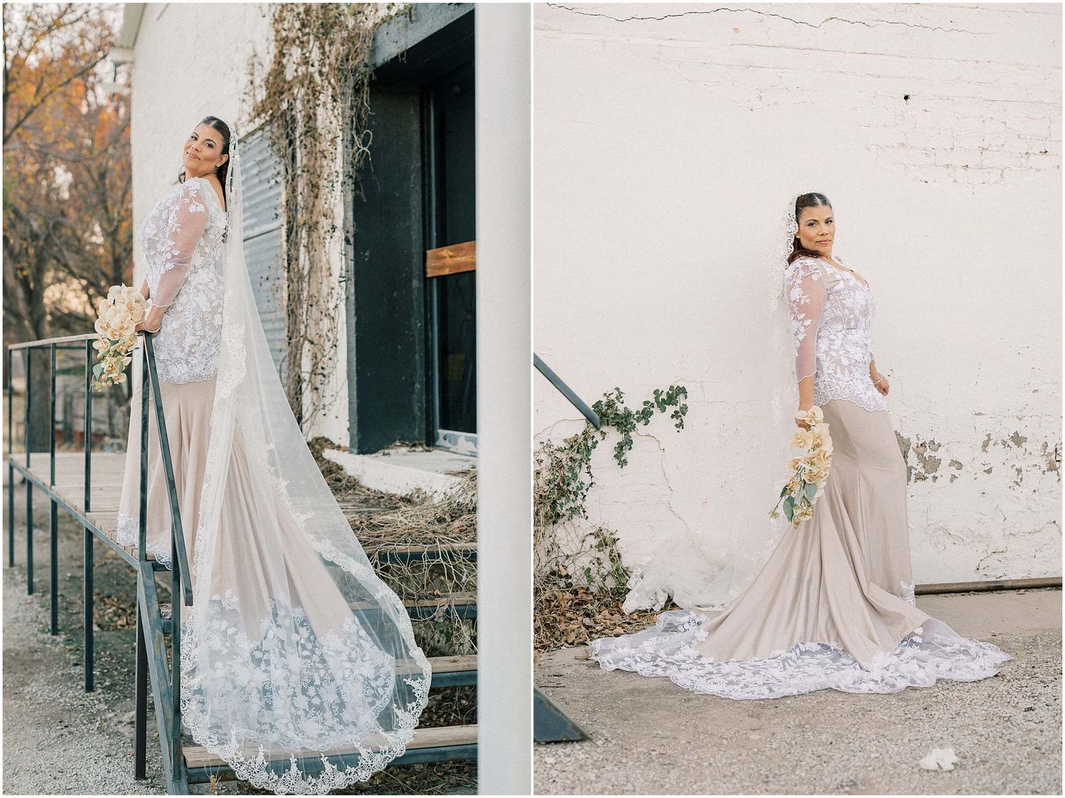 Wedding portraits showcase flowing lace train and romantic poses against rustic white building.