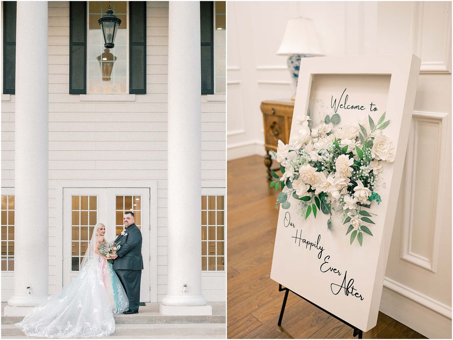 Wedding ceremony setup with welcome signs and floral decorations in white interior.