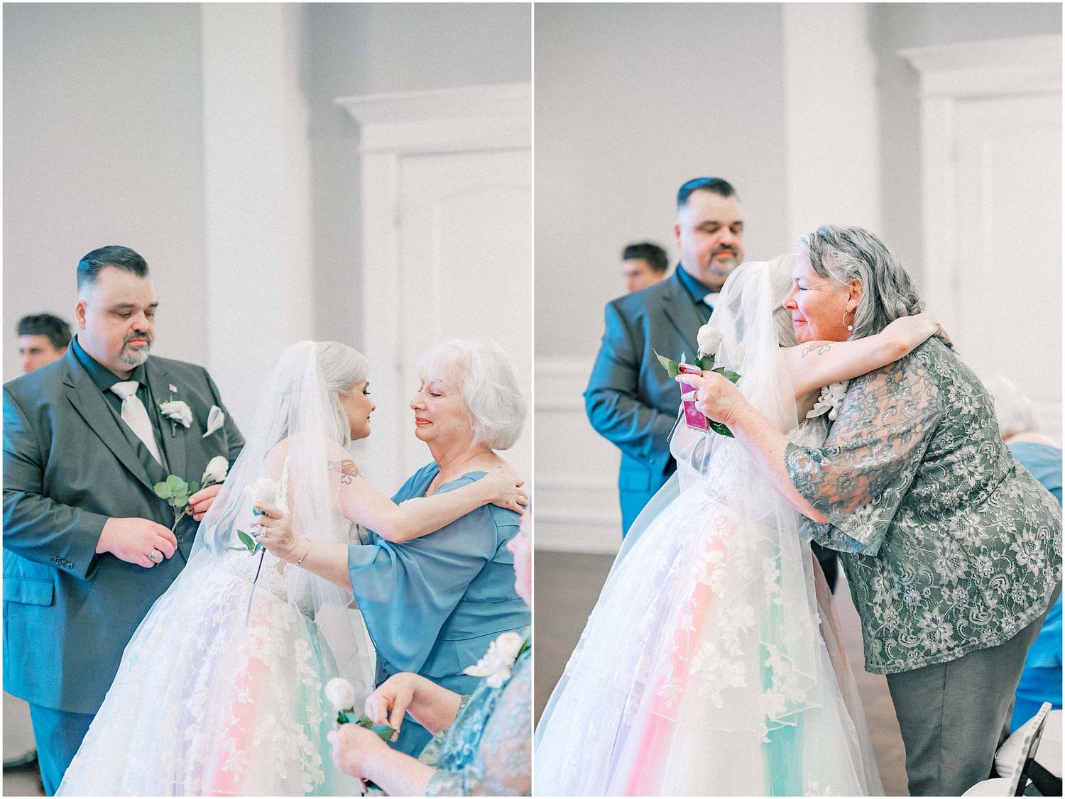 Series of candid moments showing interactions with a flowing white wedding gown.