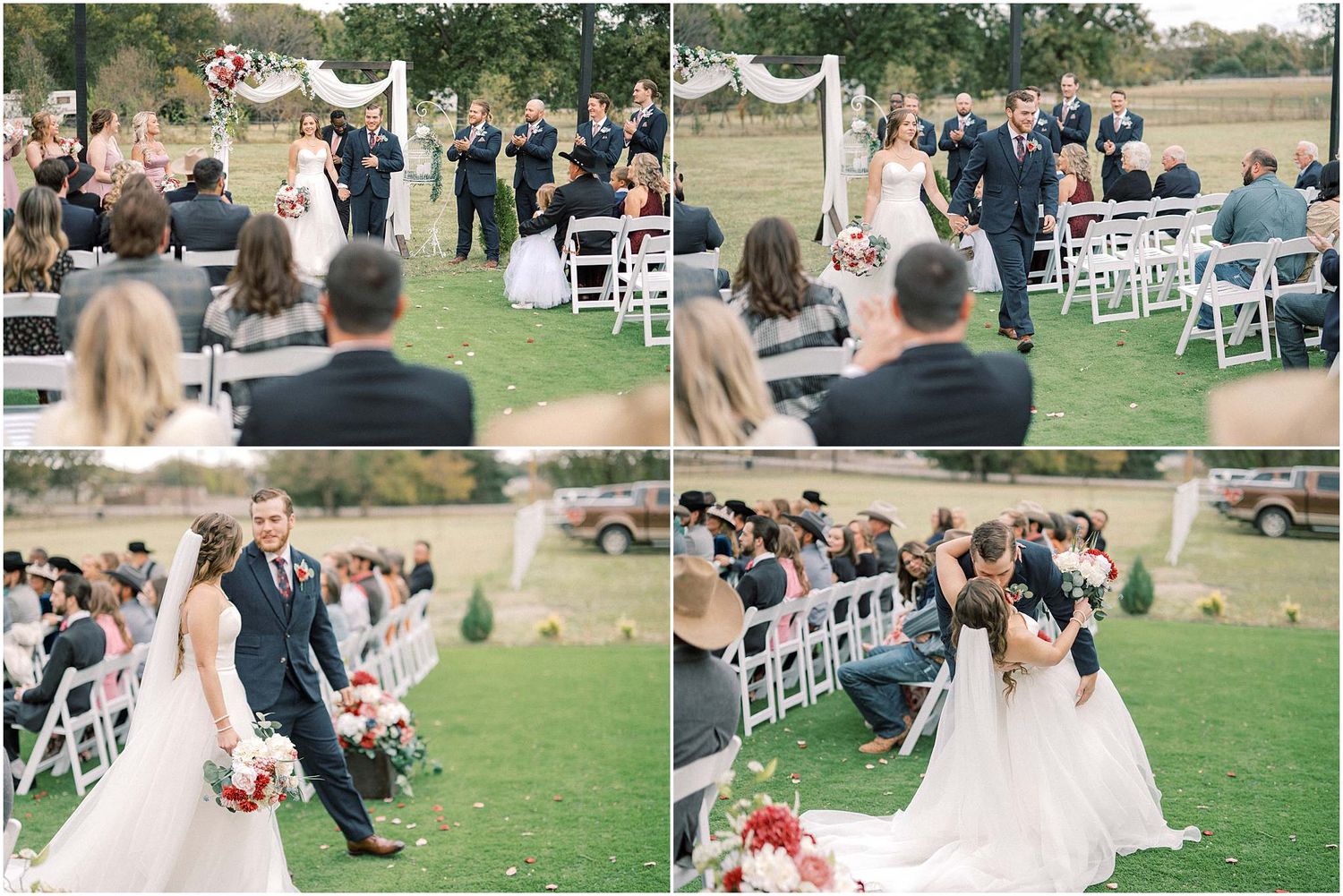 Panoramic view of wedding ceremony setup with guests seated on white chairs.