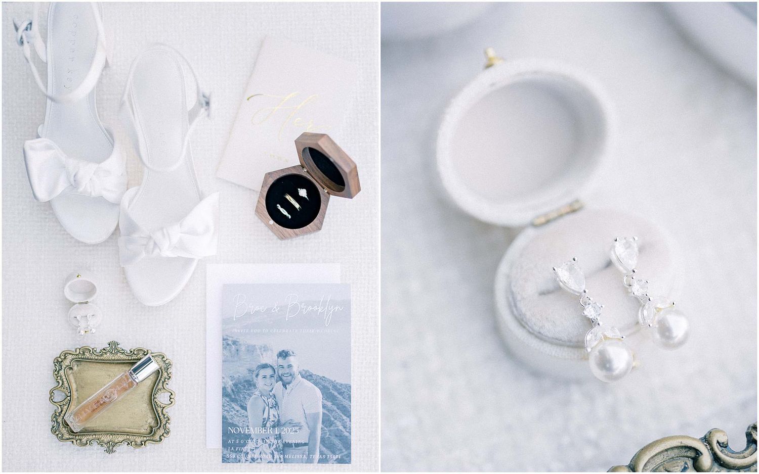 Elegant white wedding details and accessories arranged on light marble surface.