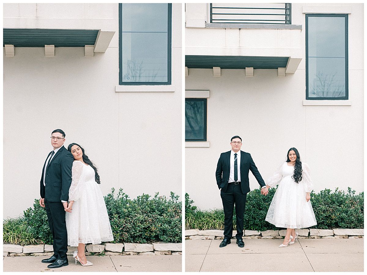 A sequence of photos showing a couple walking along a modern building exterior.