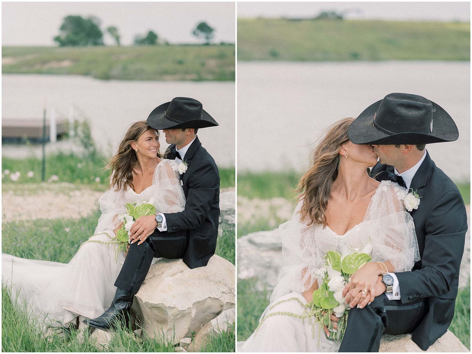 Couple in wedding attire embraces in a sunlit field wearing cowboy hats.