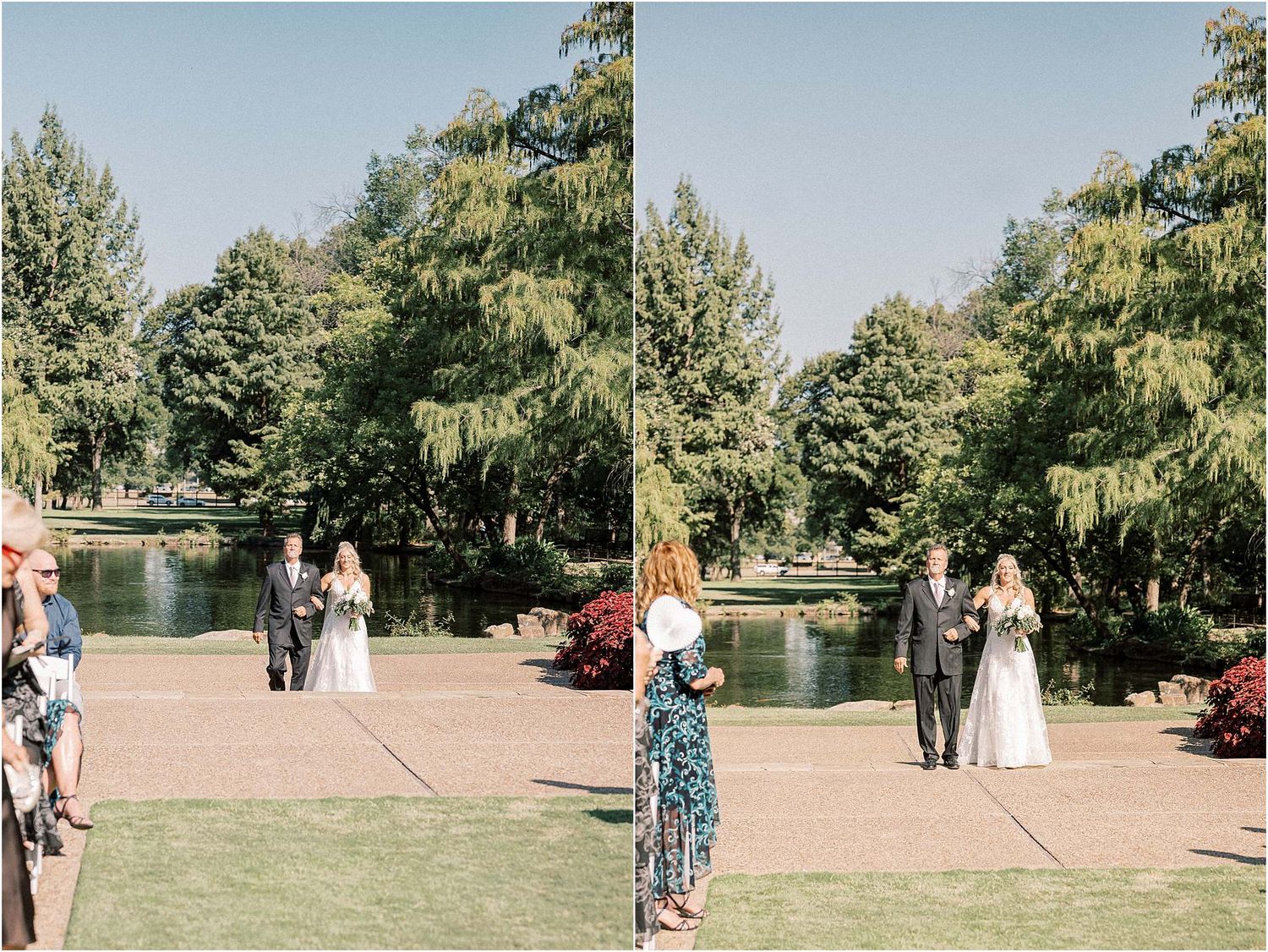 Wedding ceremony taking place in a beautiful garden setting with a pond and trees in the background.