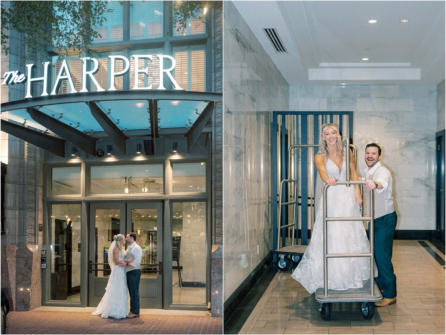 Wedding celebration at The Harper venue with modern architectural details.