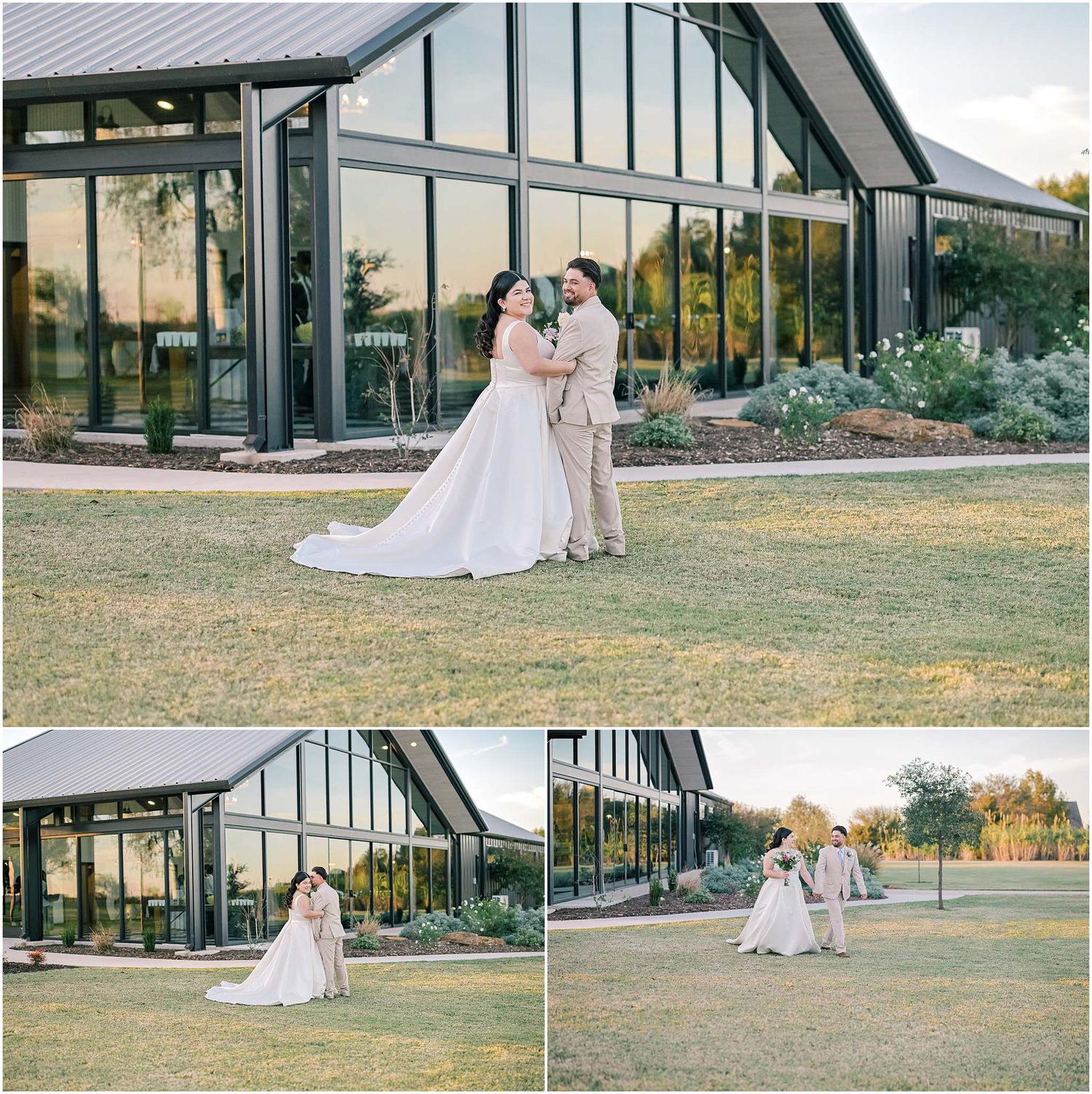 Elegant wedding photography session outside modern glass architectural venue.