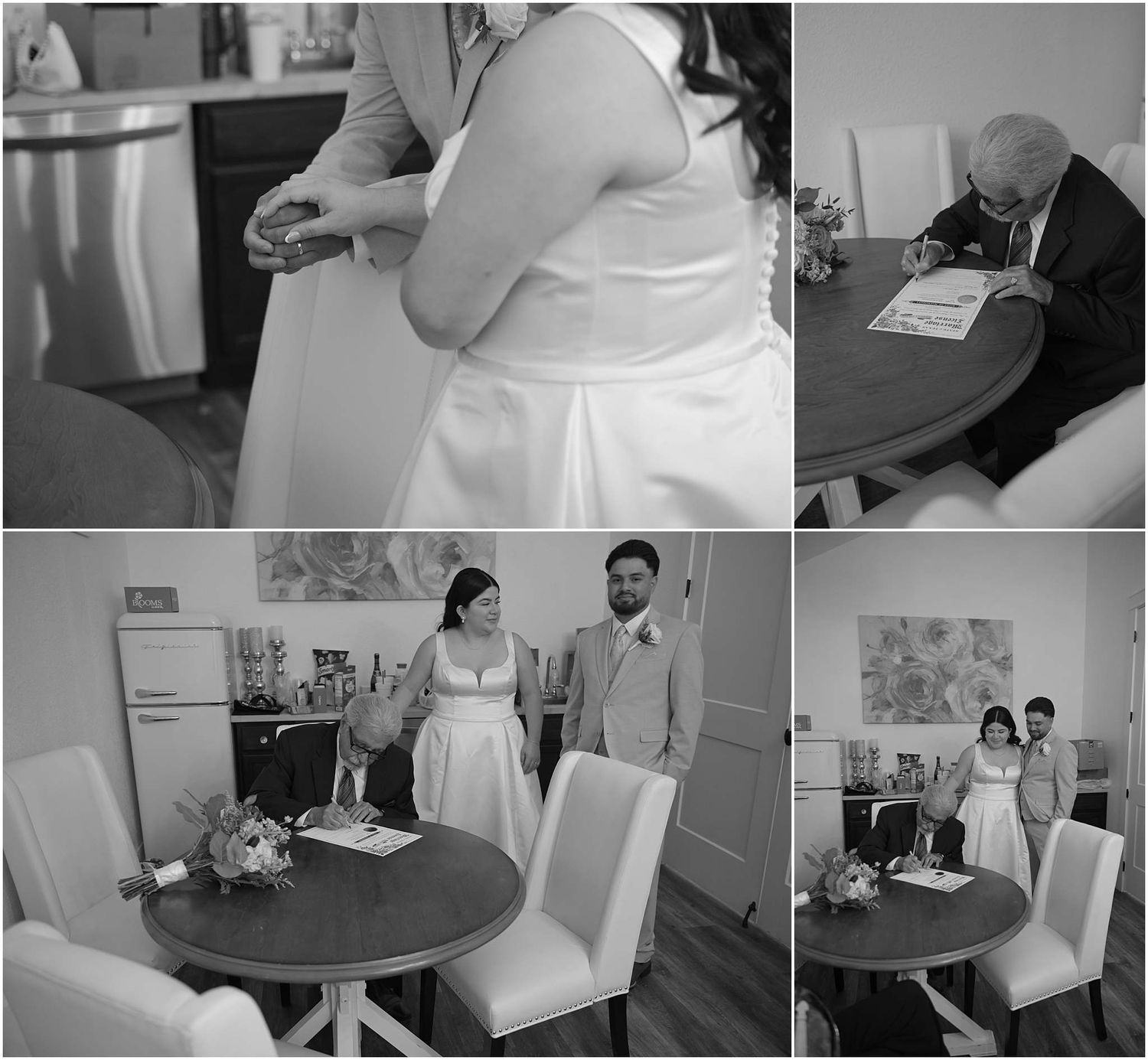 Black and white candid wedding preparation moments in indoor setting.