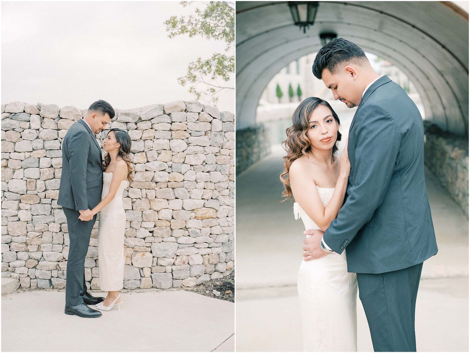 A romantic couple shares intimate moments in a series of outdoor photos against stone walls and archways.