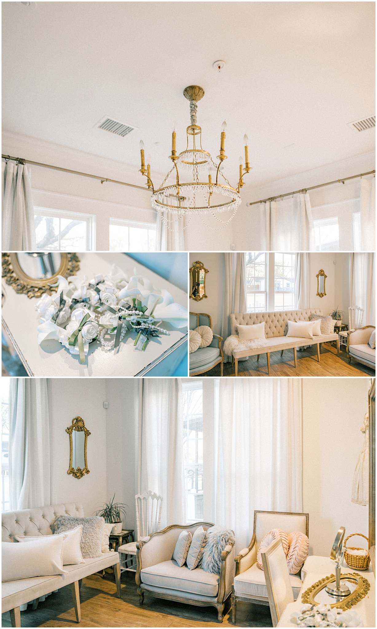 Bright white bridal suite with elegant gold chandeliers and plush cream furniture.