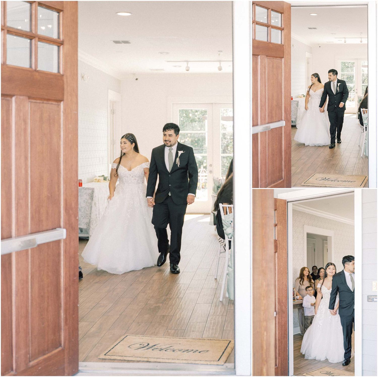 A couple walking through an elegant white venue with wooden doors, captured in three connected wedding photos.