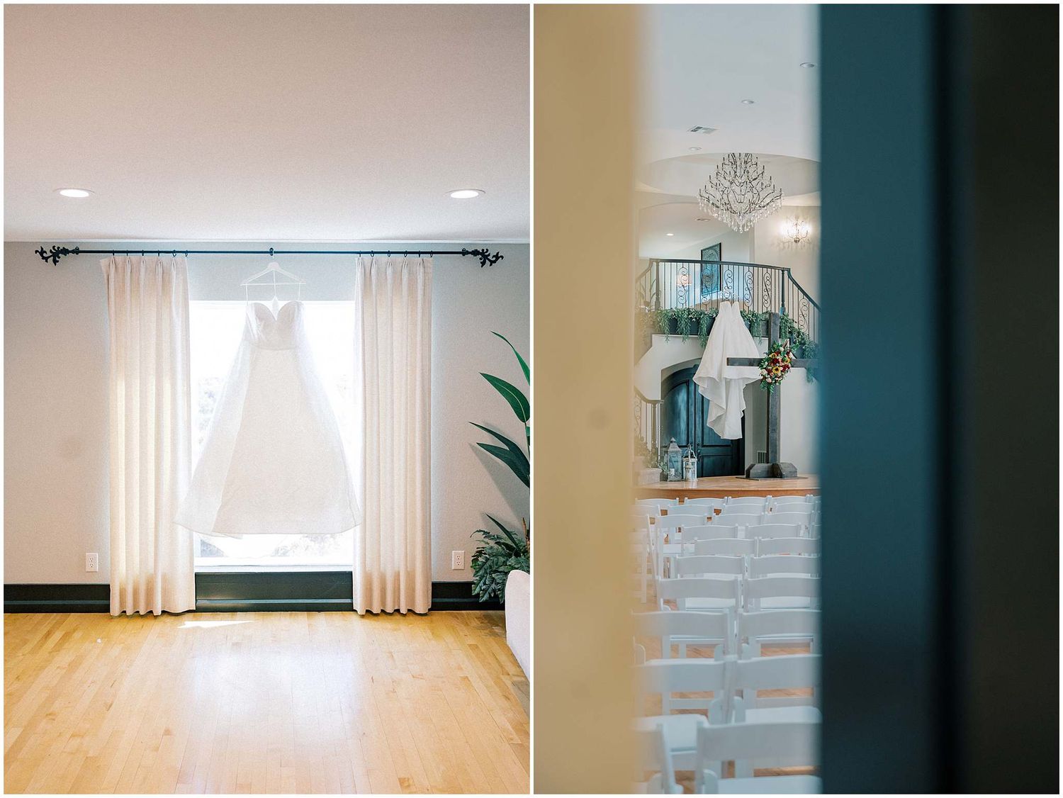 A series of interior room photos showing white curtains, hardwood floors, and natural lighting through windows.