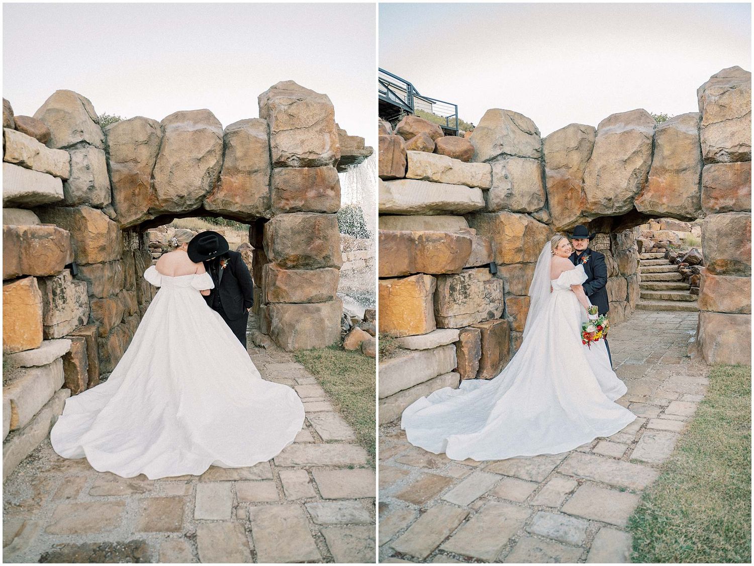 A figure in a flowing white wedding gown stands against a rustic stone archway and staircase.
