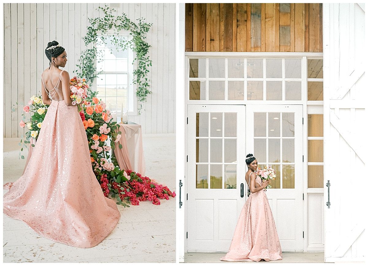 Elegant bridal portraits in blush pink gown against white doors and floral installations.