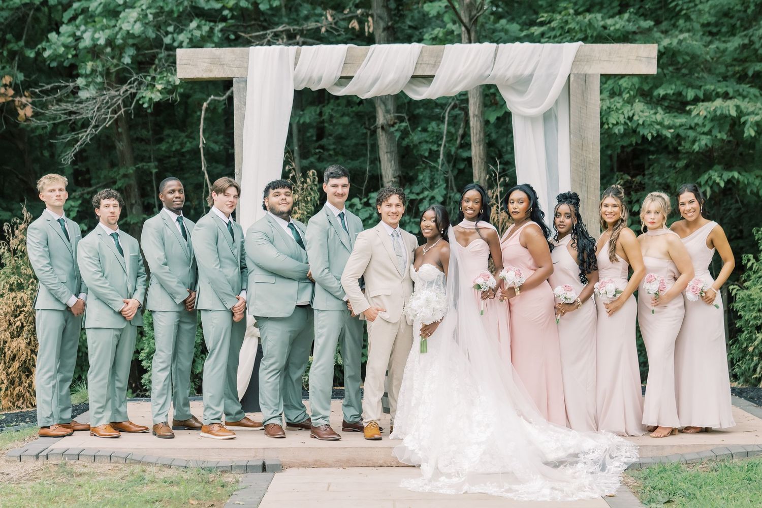 Wedding party poses before draped arch with groomsmen in sage suits and bridesmaids in blush gowns.