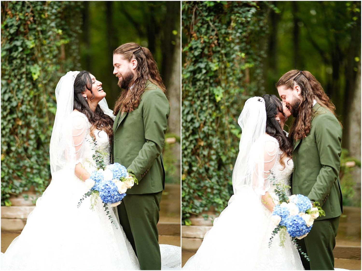 Bride and groom in green suit share romantic moment, bride holding blue hydrangea bouquet before ivy-covered backdrop.